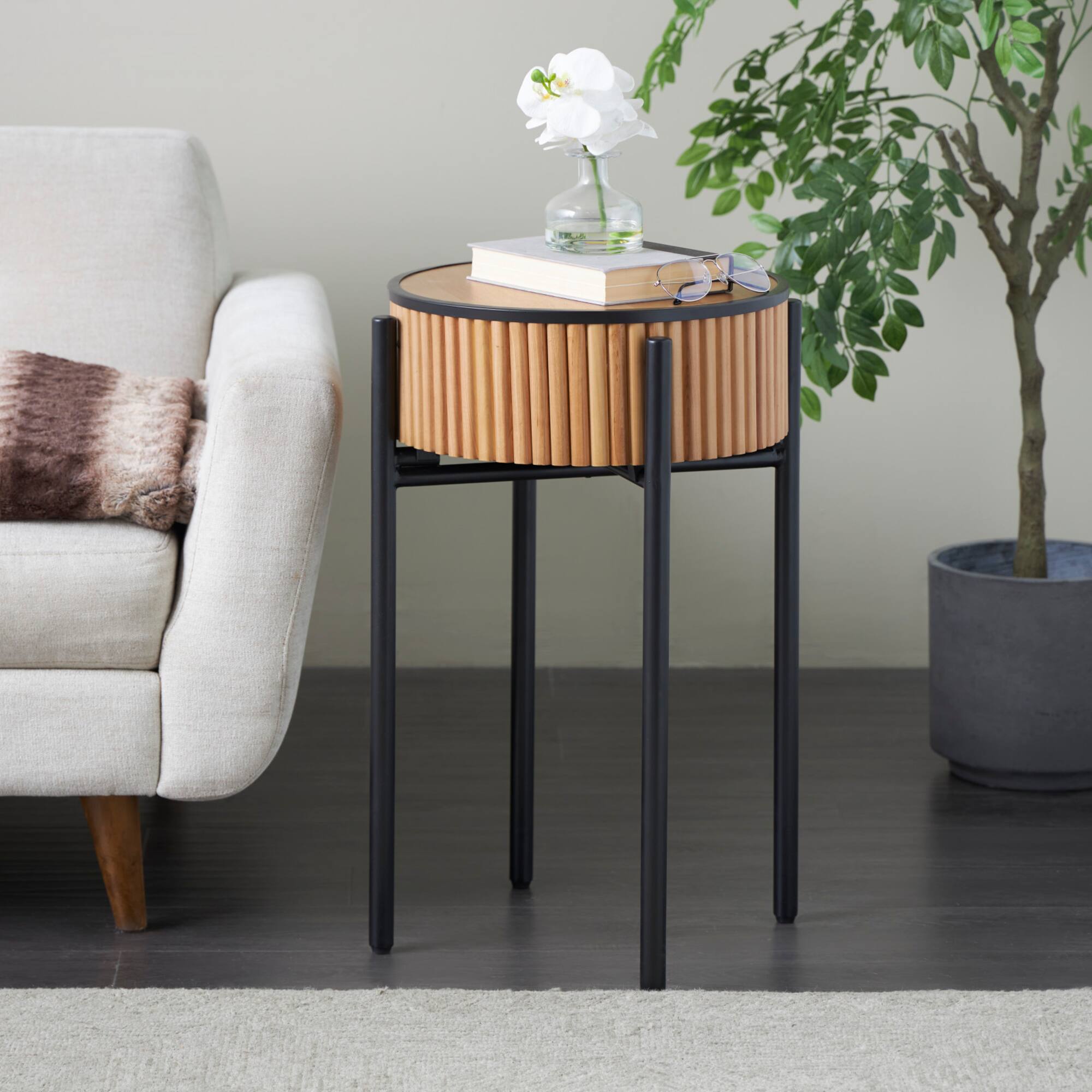 26.5" Brown Wood Handmade Slatted Side End Accent Table with Black Legs